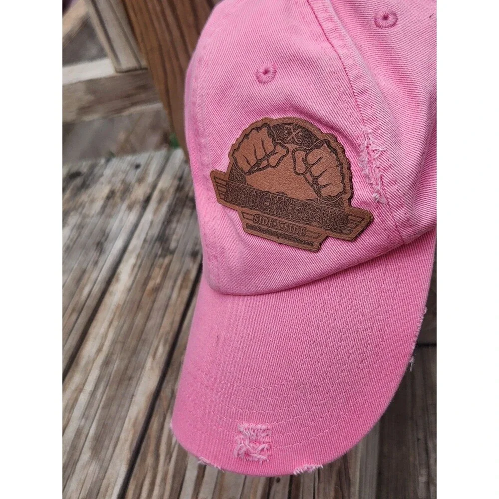 Knuckles Up Side X Side Pink Distressed Hat. Adjustable Baseball SxS Ball Cap